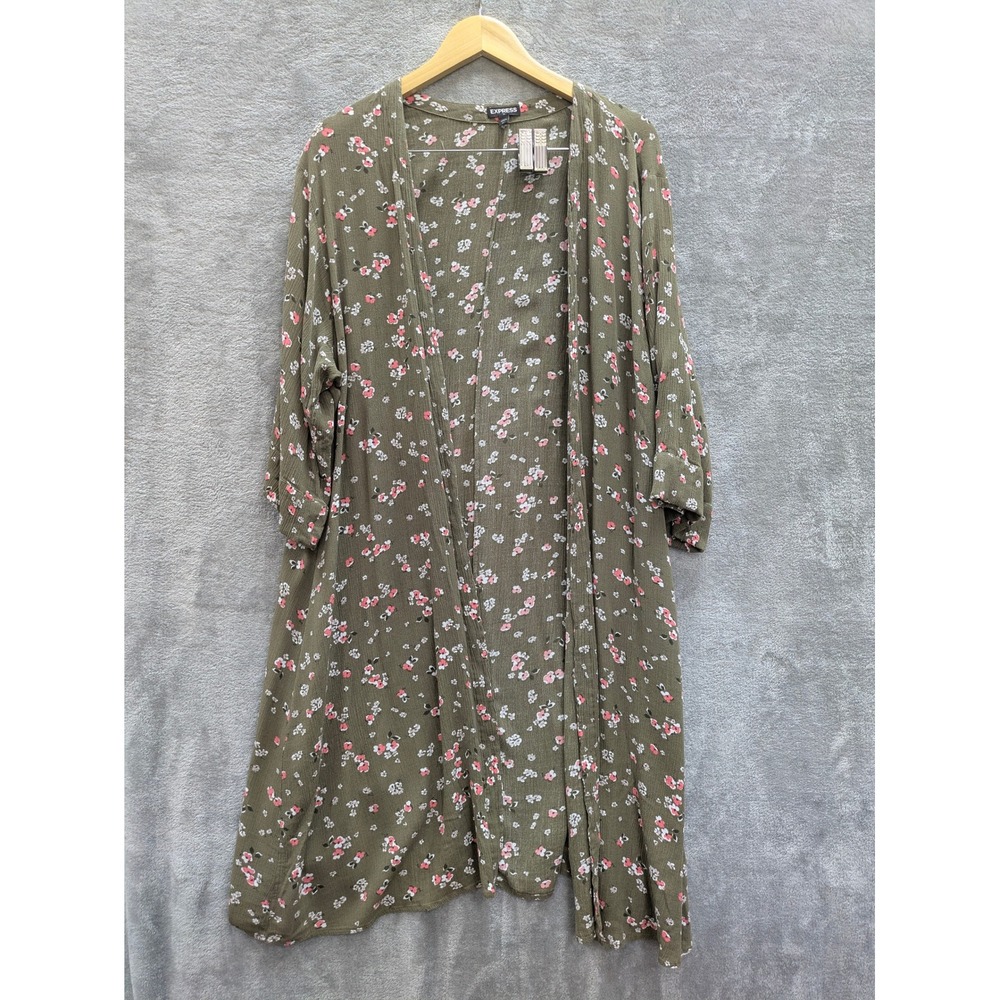 Boho Floral Kimono Duster Women M/L Olive Green Rayon Open Front Cardigan